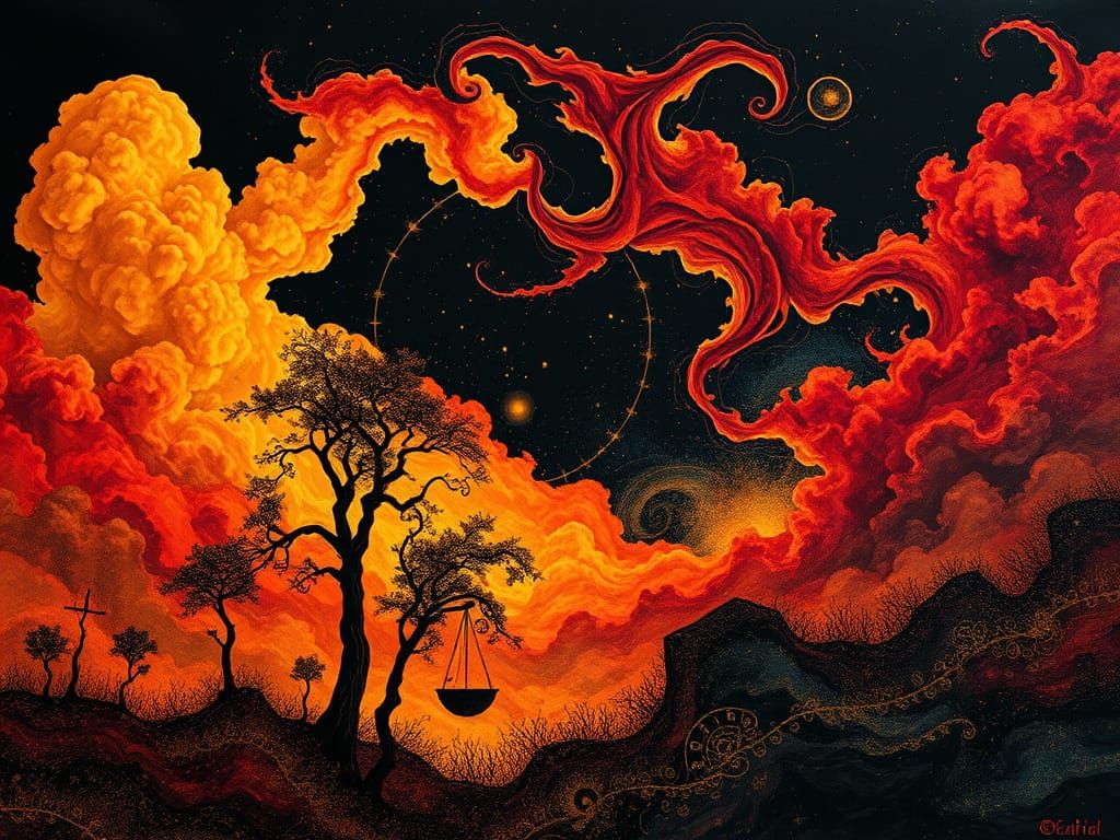 Golden Cosmic Dance in a Dreamlike Landscape