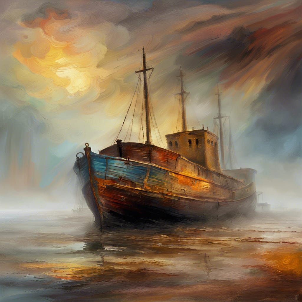 Impressionist Ghost Ship at Jetty in Van Gogh Style