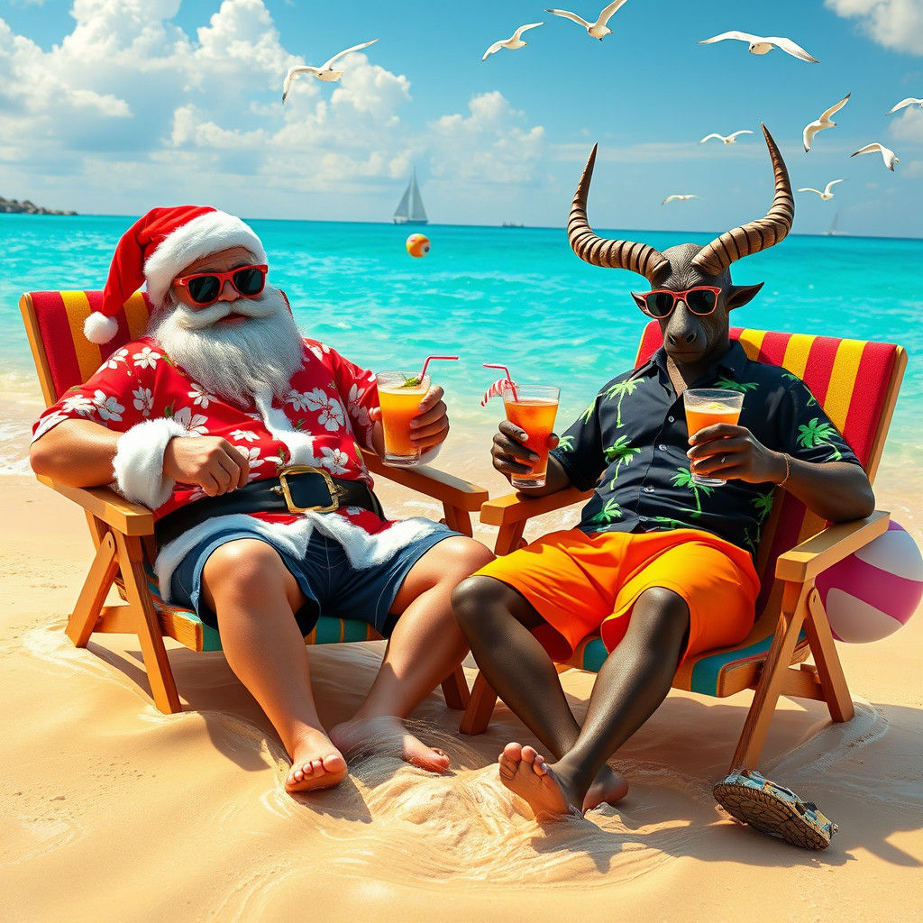 Santa and Krampus Beach Vacation in Digital Painting