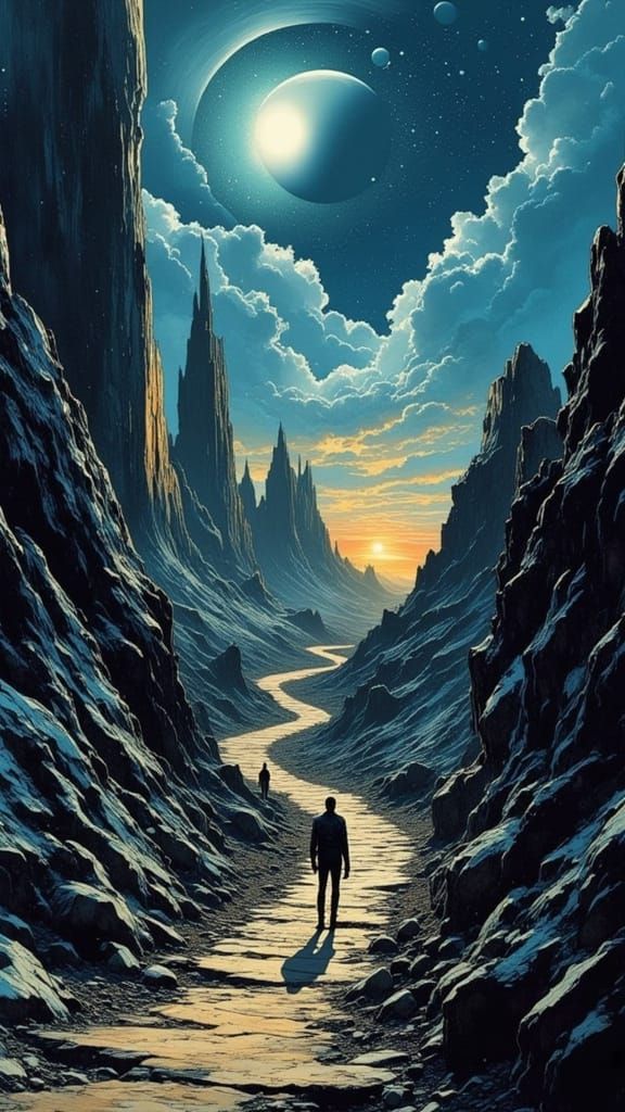 Winding Path to Illuminated City in Mountain Range