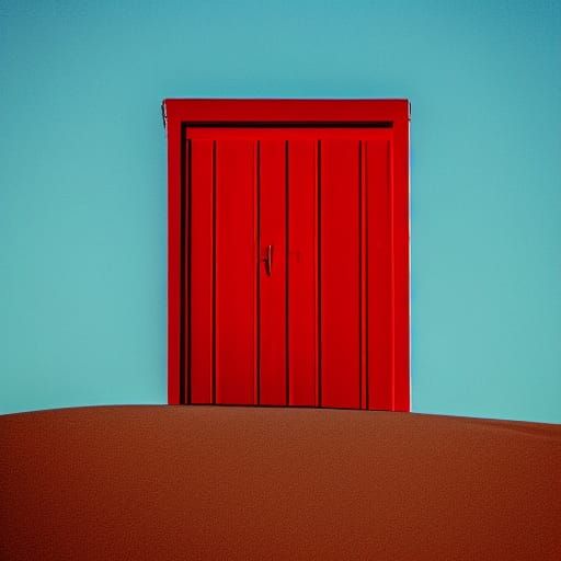 Red Door in Desert Under Blue Sky