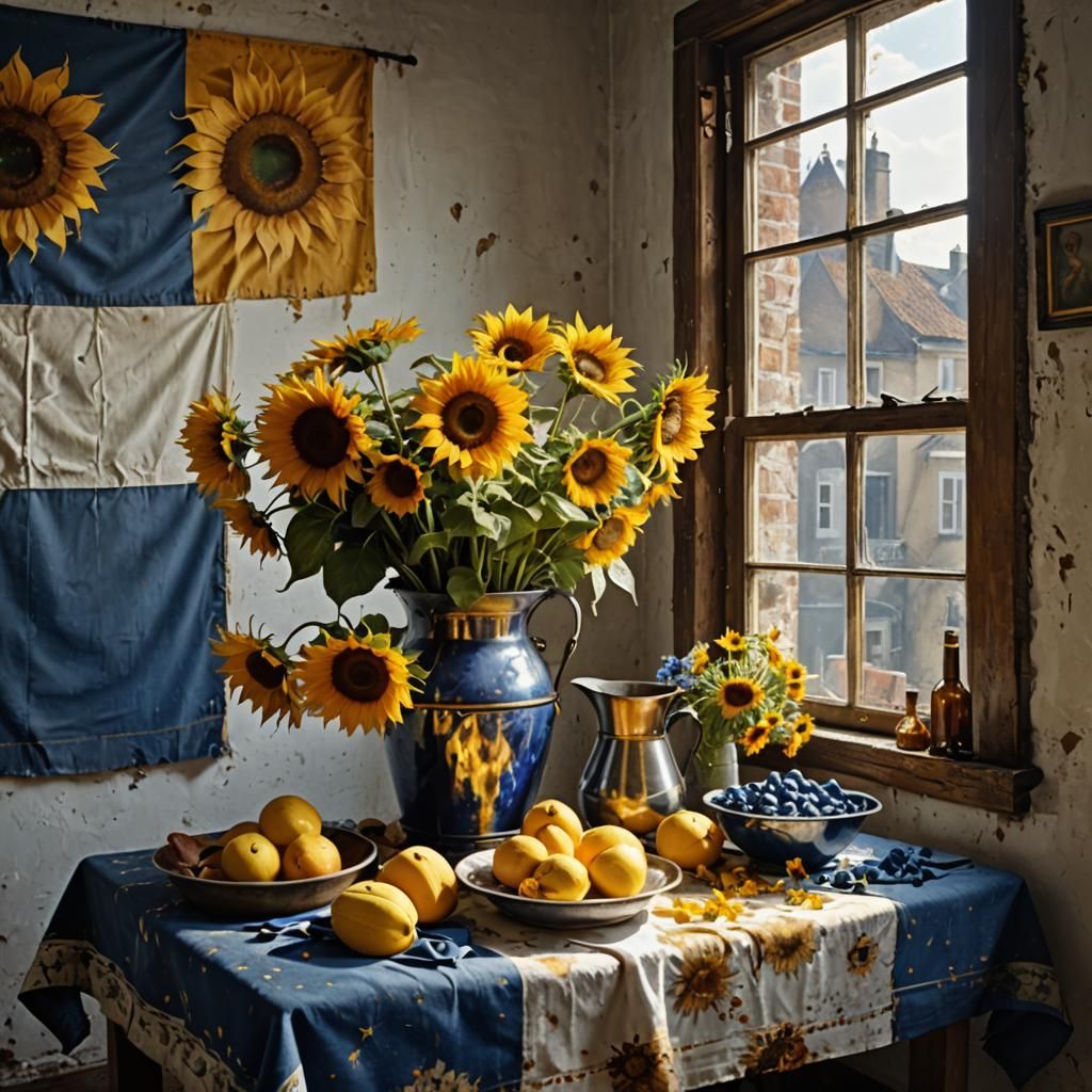 Sunflowers and Delft Blue Flowers in Copper Bucket