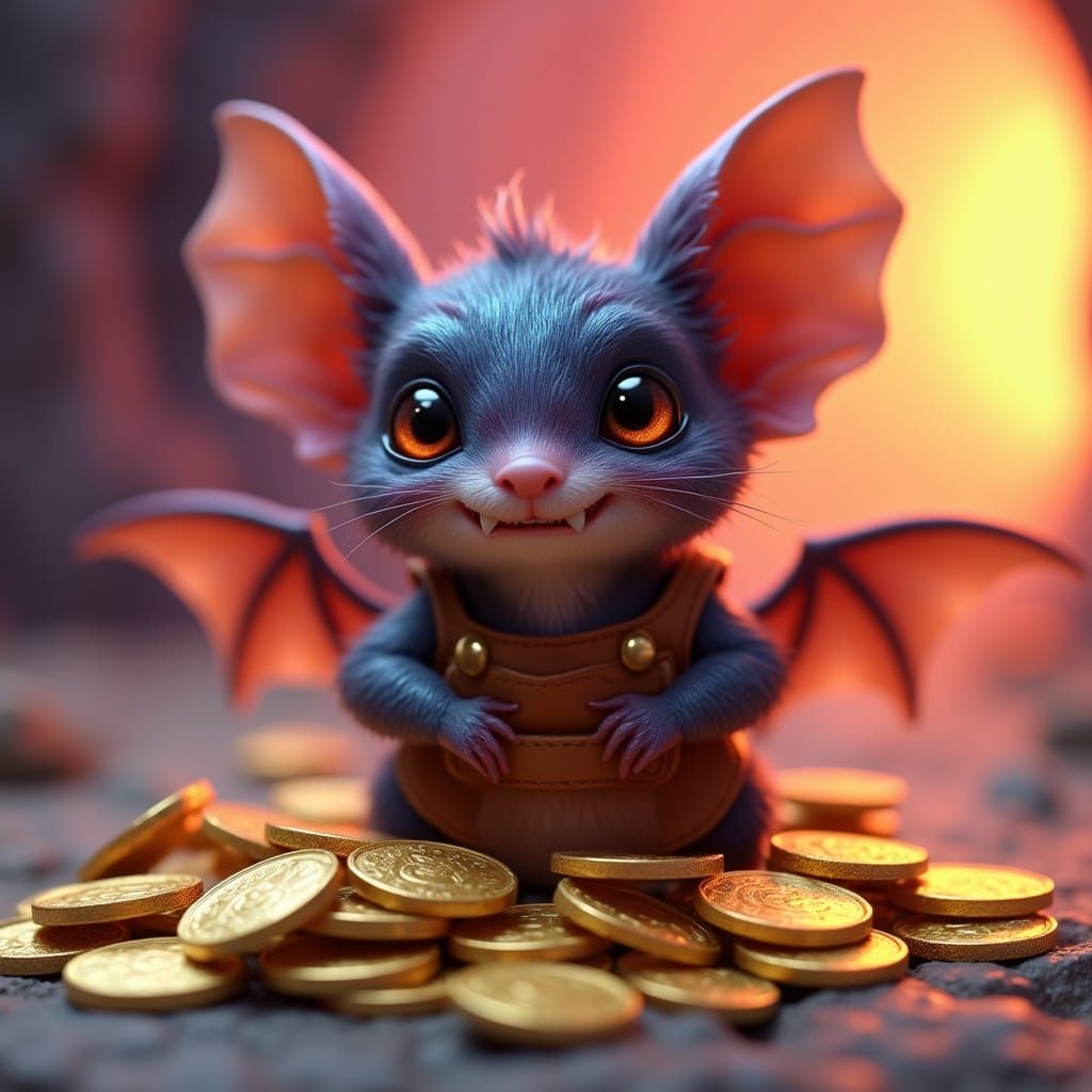 Whimsical Gold Hoarder Pixie Bat in Warm Fantasy Cave