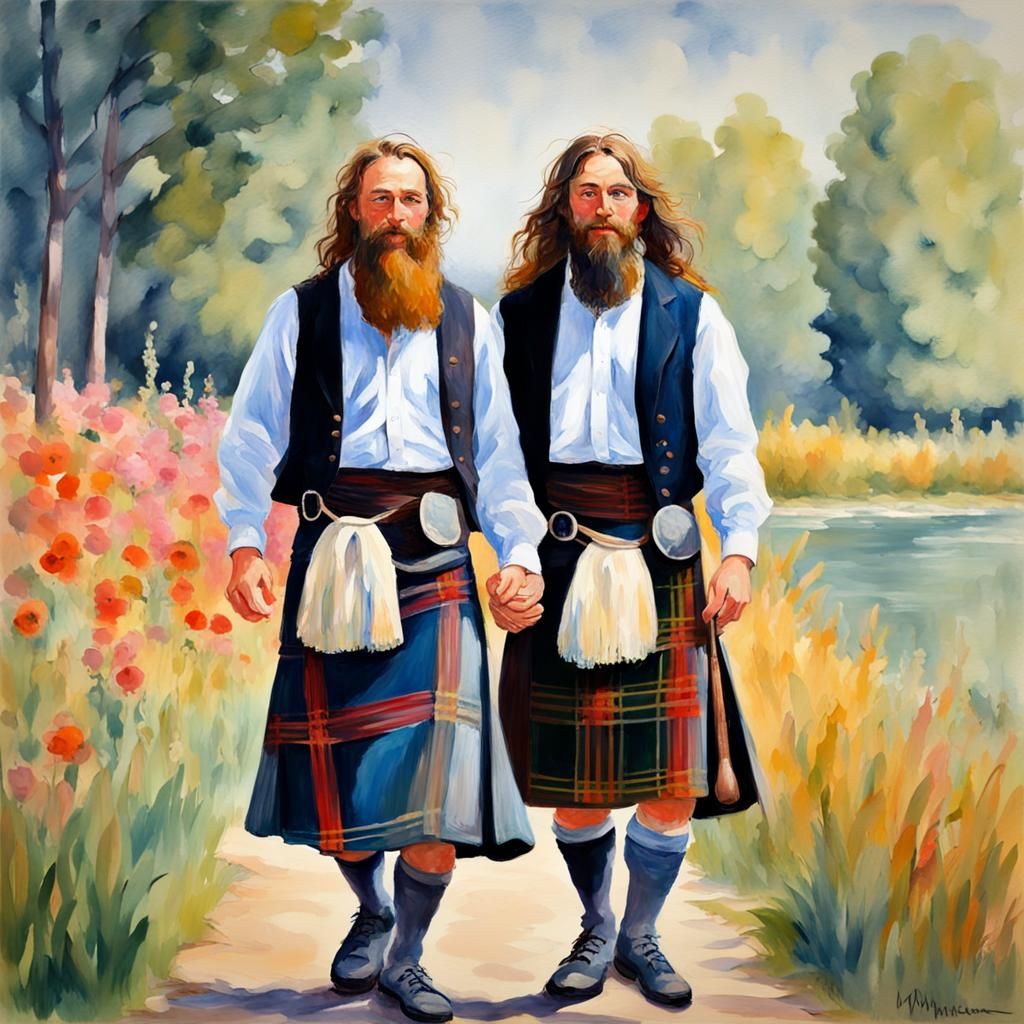 Happy Men in Kilts: An Impressionist Gouache Painting