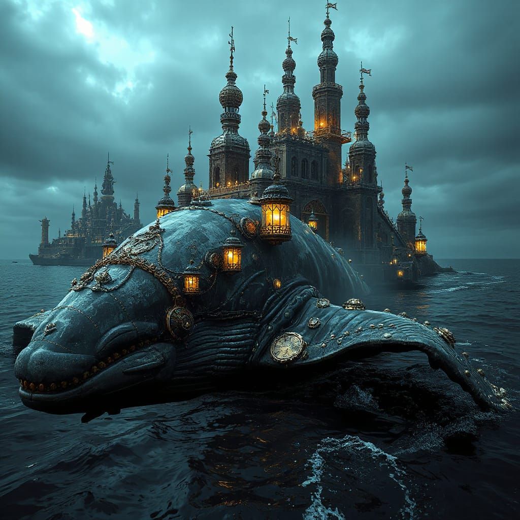 Steampunk City on Ancient Whale in Victorian Style