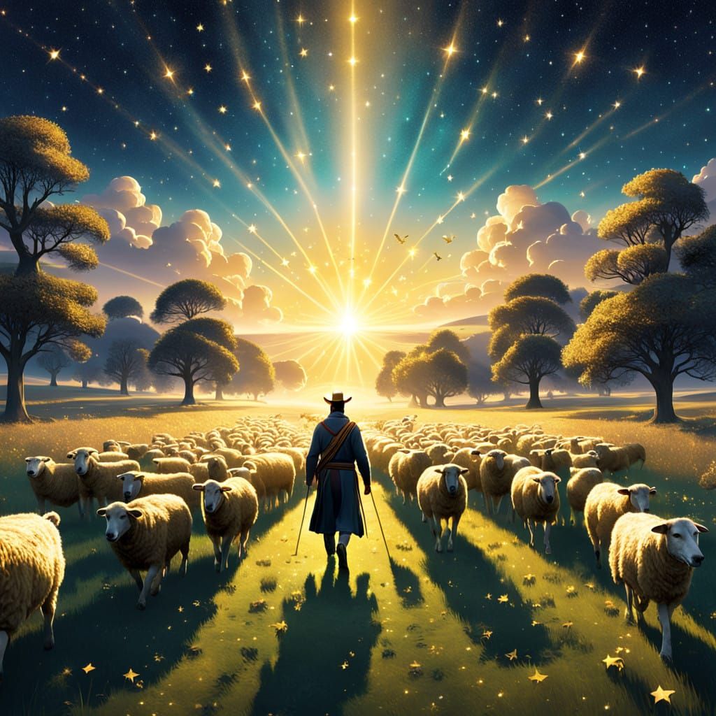 Glowing Shepherd Guides Radiant Flock Under Golden Starlight