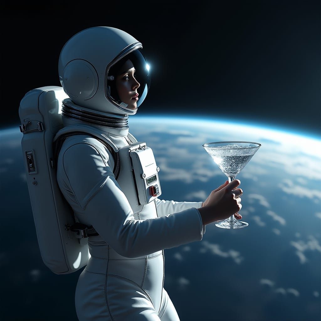 Astronaut in Futuristic Space, Holding Martini Glass, Reflec...
