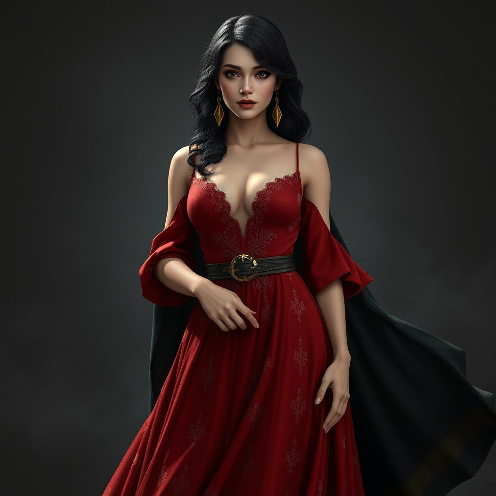 Renaissance Woman in Red Gown, Fantasy Concept Art
