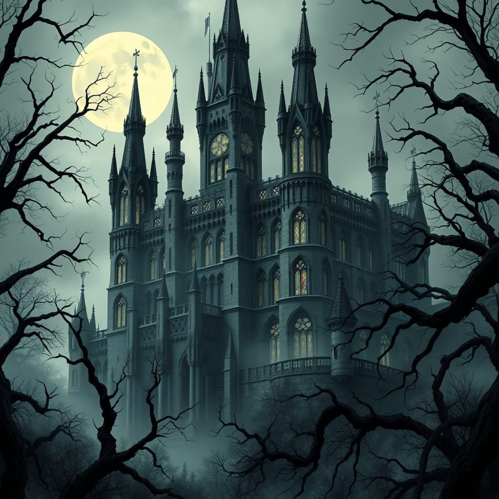 Majestic Castle in Gothic Style with Silvery Moonlit Mist