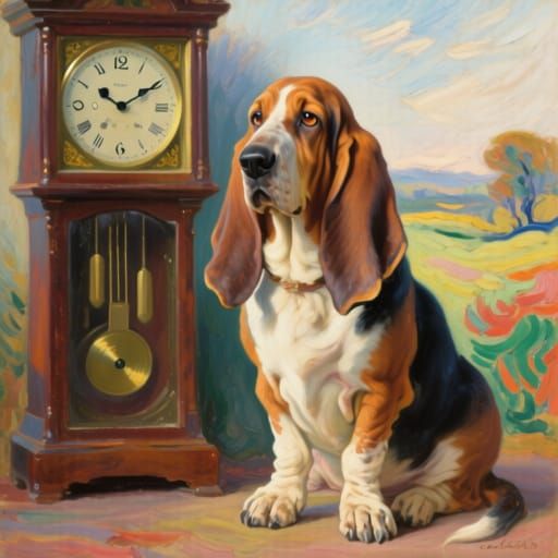 Basset Hound Waits by Grandfather Clock in Oil Painting Styl...