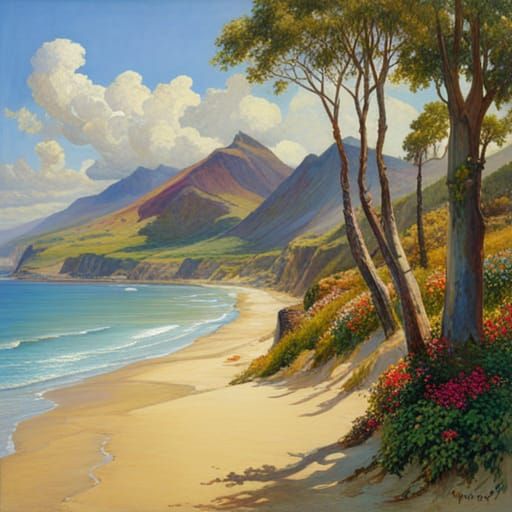 Glorious Summer Beach Scene in Botanical Art Style