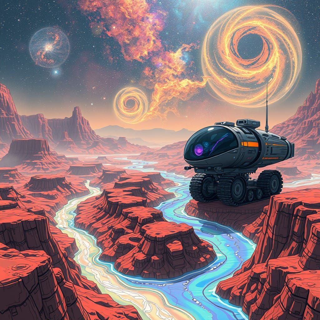 Surreal Mars Landscape with Rust-Red Canyons and Iridescent...