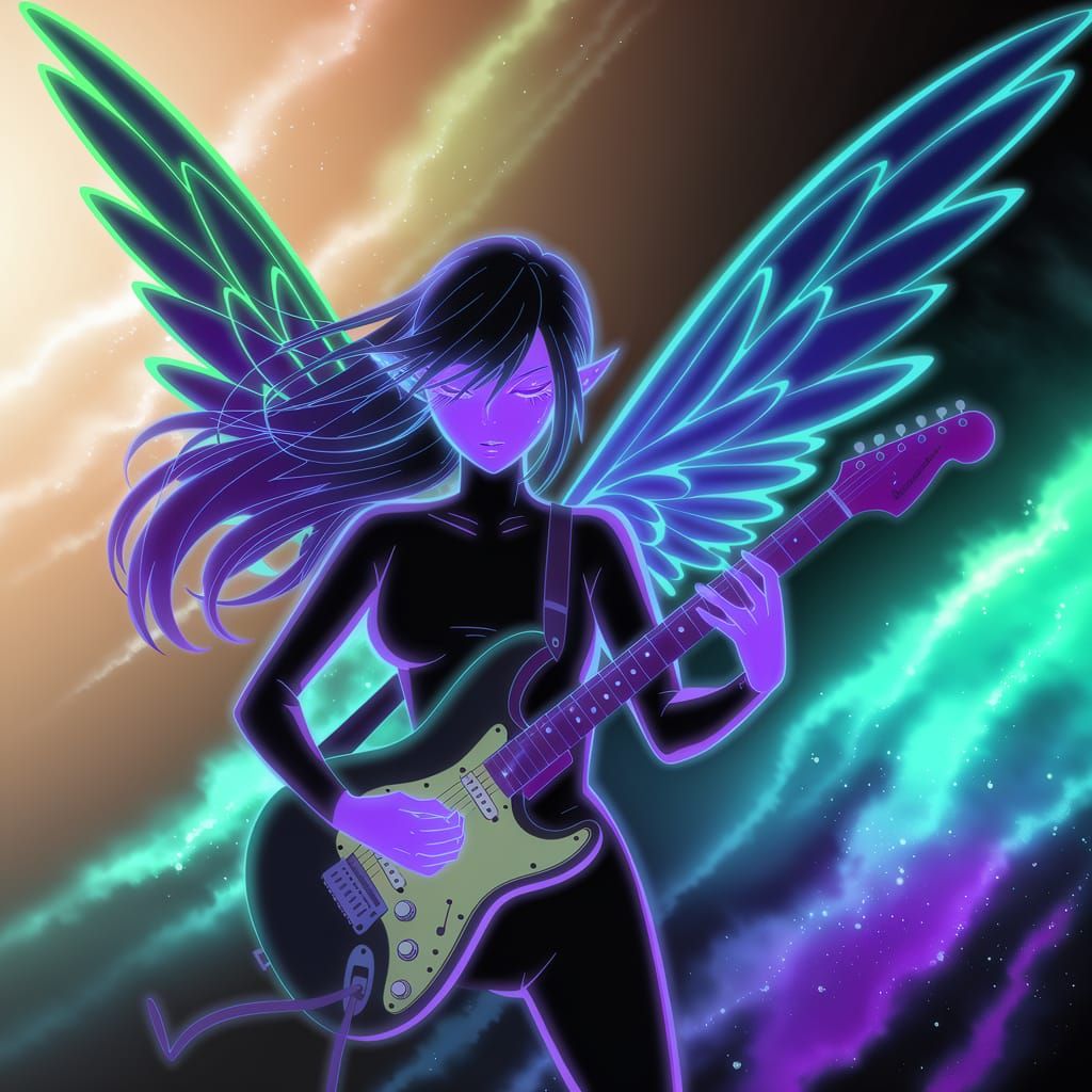 Manga Fairy Glows Under Neon Hues as She Plays E-Guitar