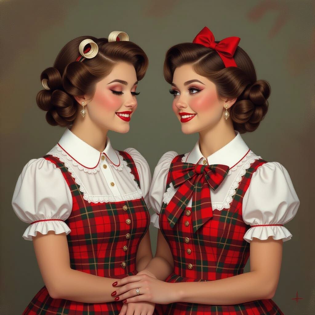 Cross-Dressers in Red Tartan Outfits, Fantasy Realism Style