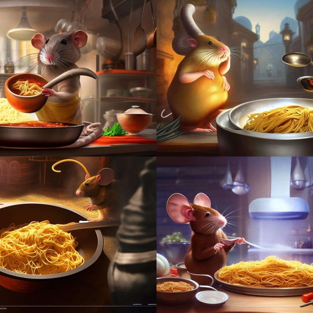 Rat Chef Cooking Pasta: Detailed Matte Painting
