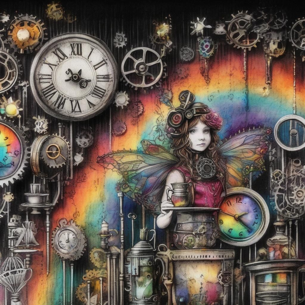Vivid colors steampunk tea time , gears, kid's crayon ,penci...