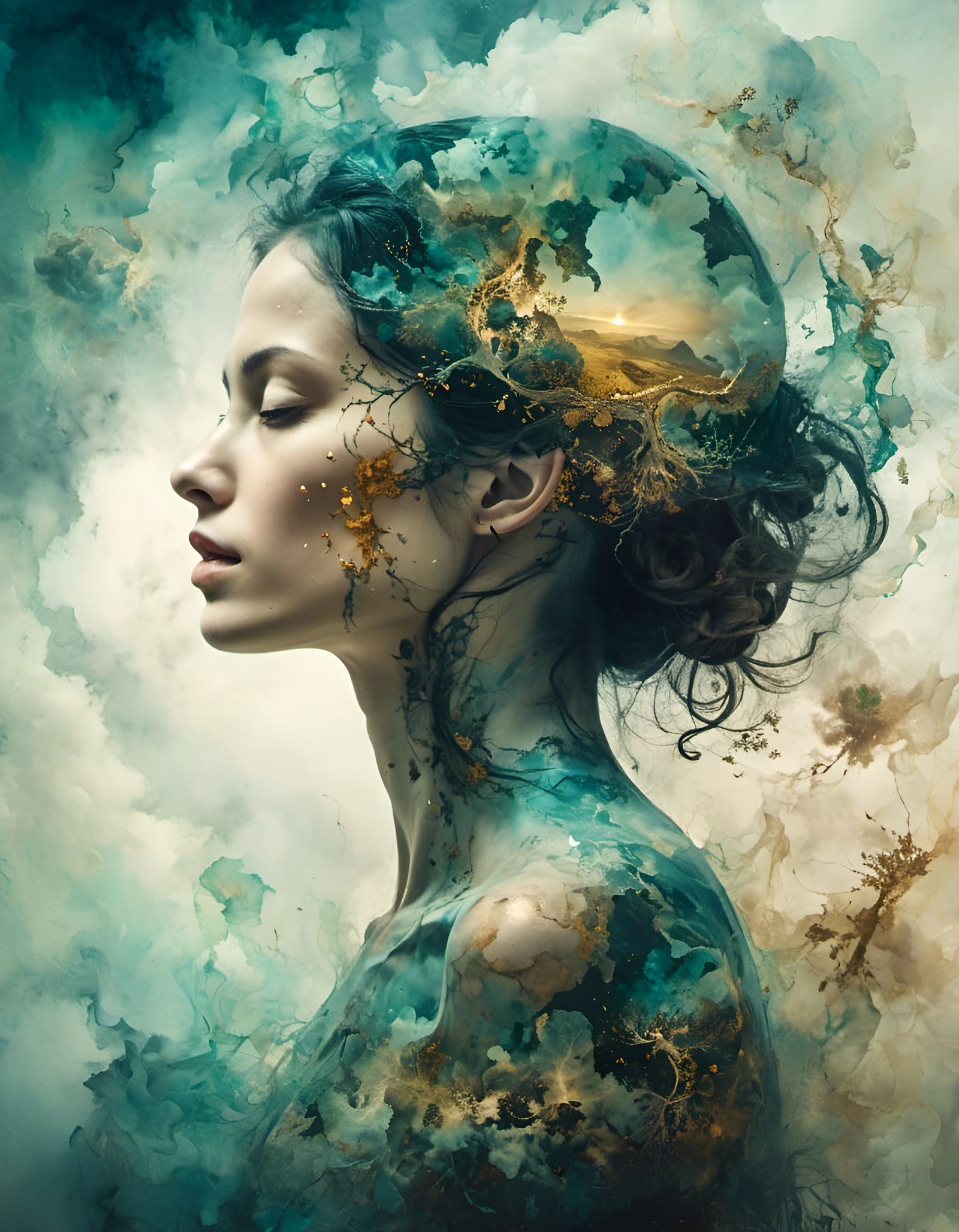 Mysterious Woman Double Exposure in Hyperkraximalism