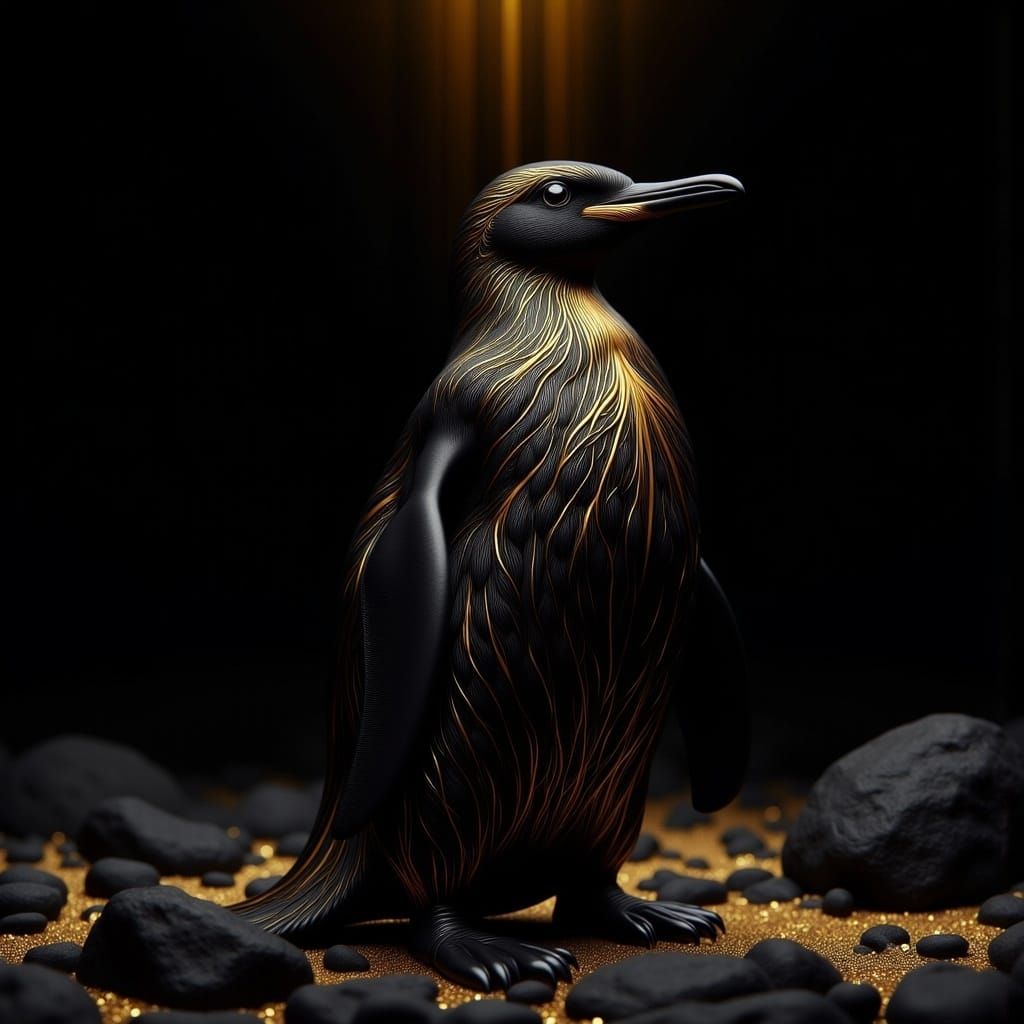 Golden Penguin on Black: Fantasy Concept Art