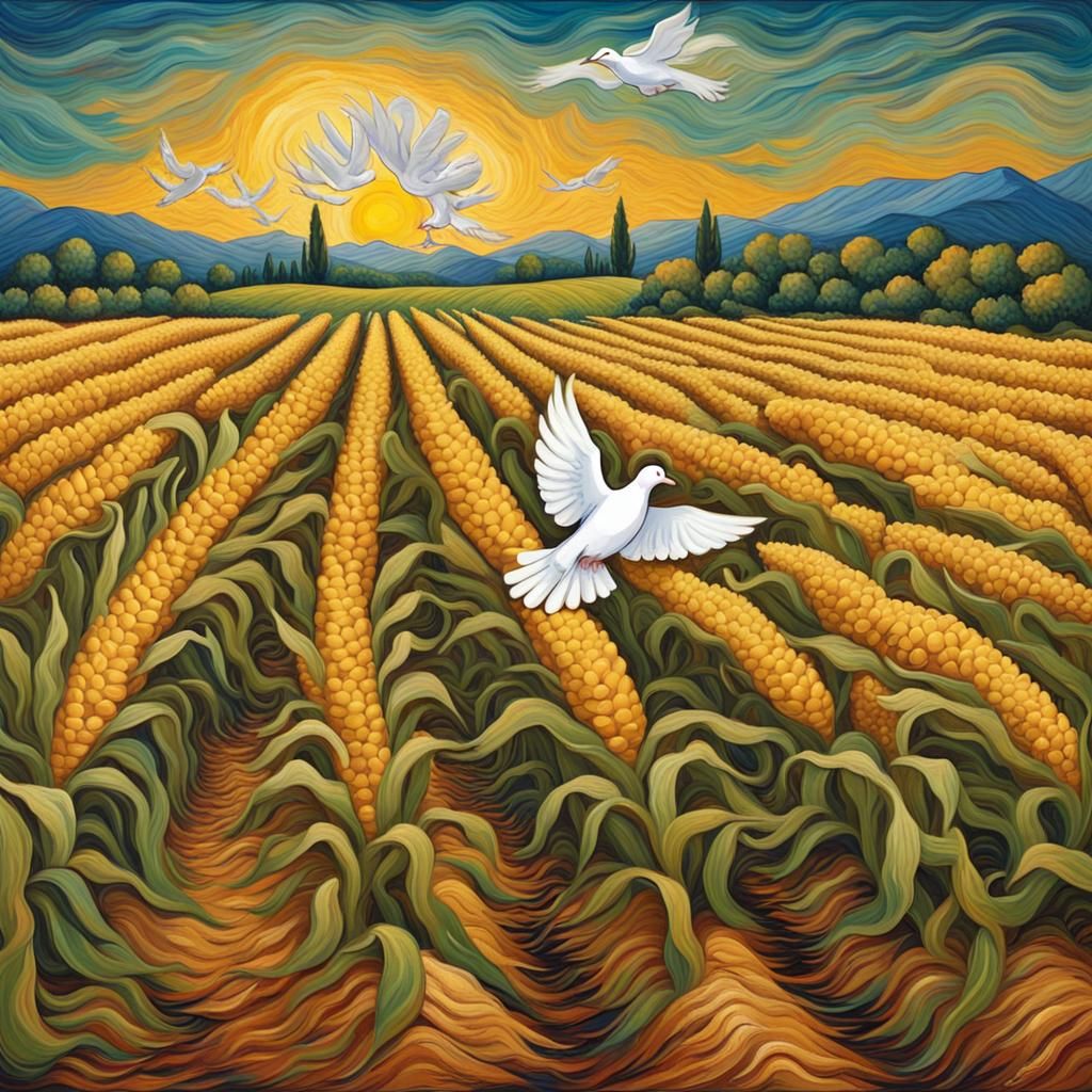 Peace Doves Flying Over Cornfield: Van Gogh Style