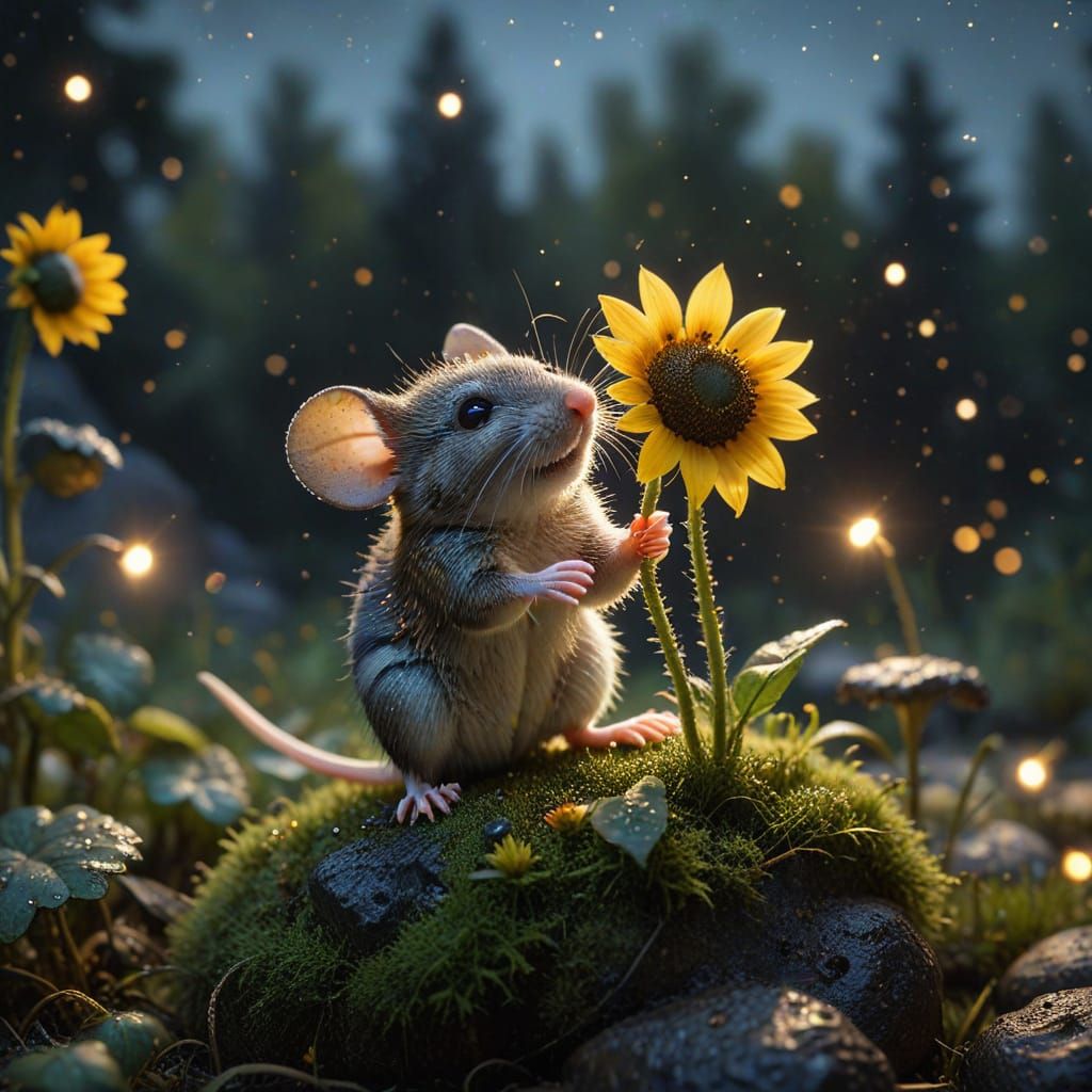 Mouse Lifting Sunflower Barbell in Hyperreal Detail