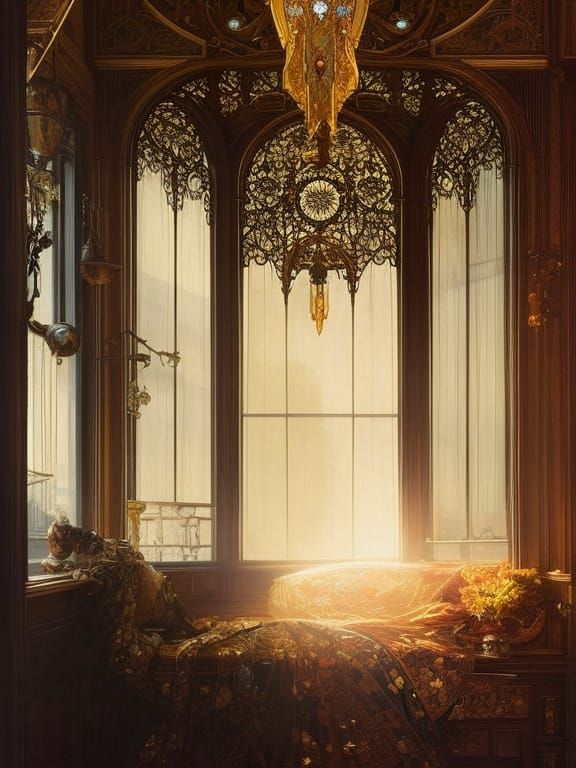 Ornate Window View with Golden Hour Lighting
