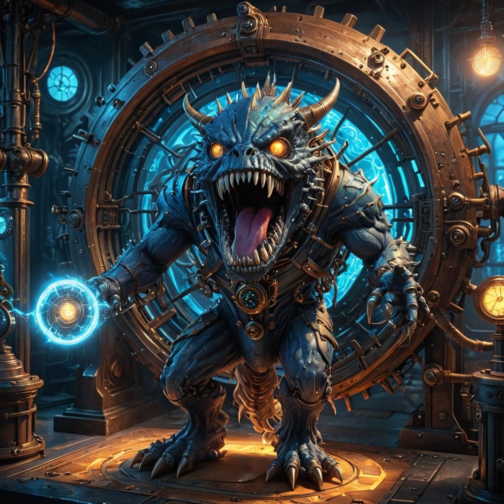 Steampunk Monster Emerges from Time Portal in Anime Art