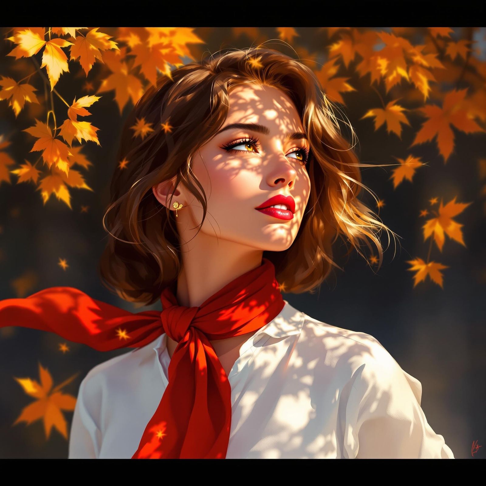 Sensual Woman in Autumn Landscape, Brushstroke Style