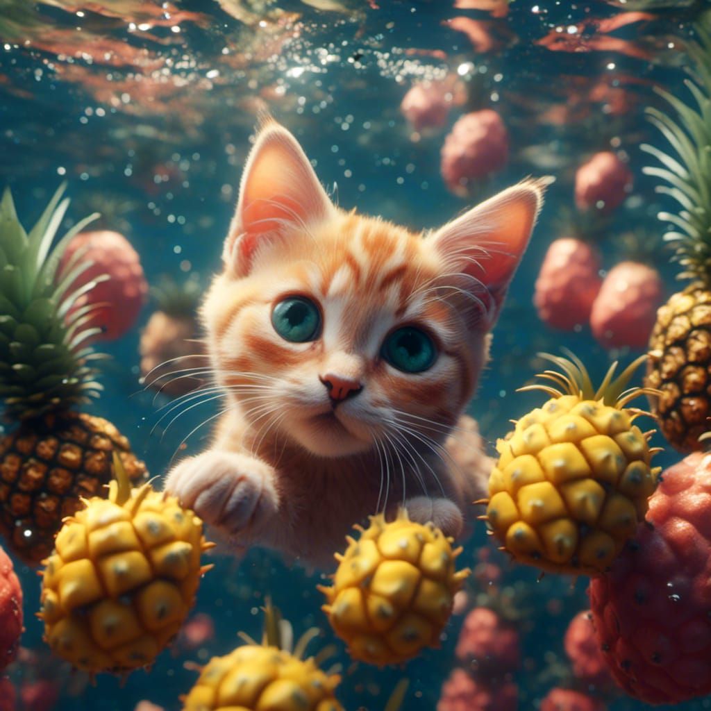 Cute Kitten Swimming in Pineapple Sea