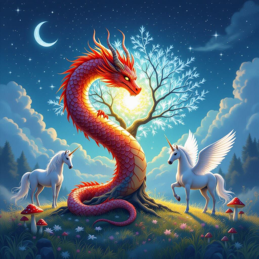 Celestial Dragon in a Luminous Meadow, Dreamy Art Style