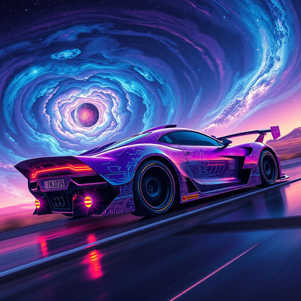 Rally car wrapped in "andromeda" artwork