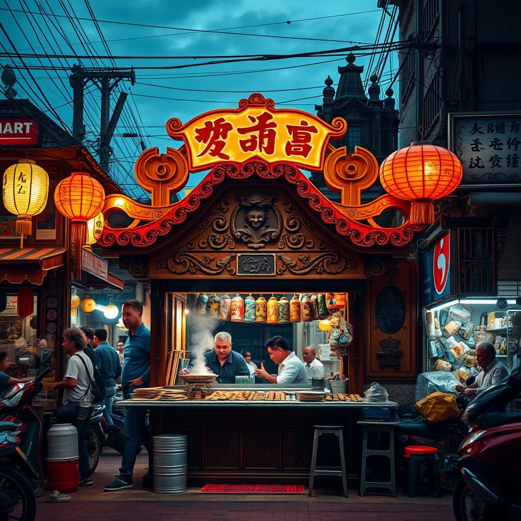 Vibrant Asian Street Market at Dusk in Hyperrealism