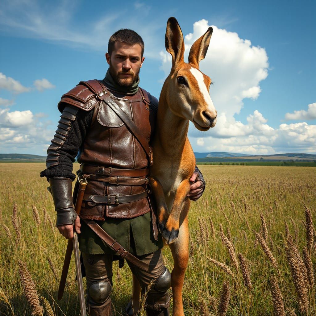Warrior and Horse-Hare Hybrid in Magical Prairie