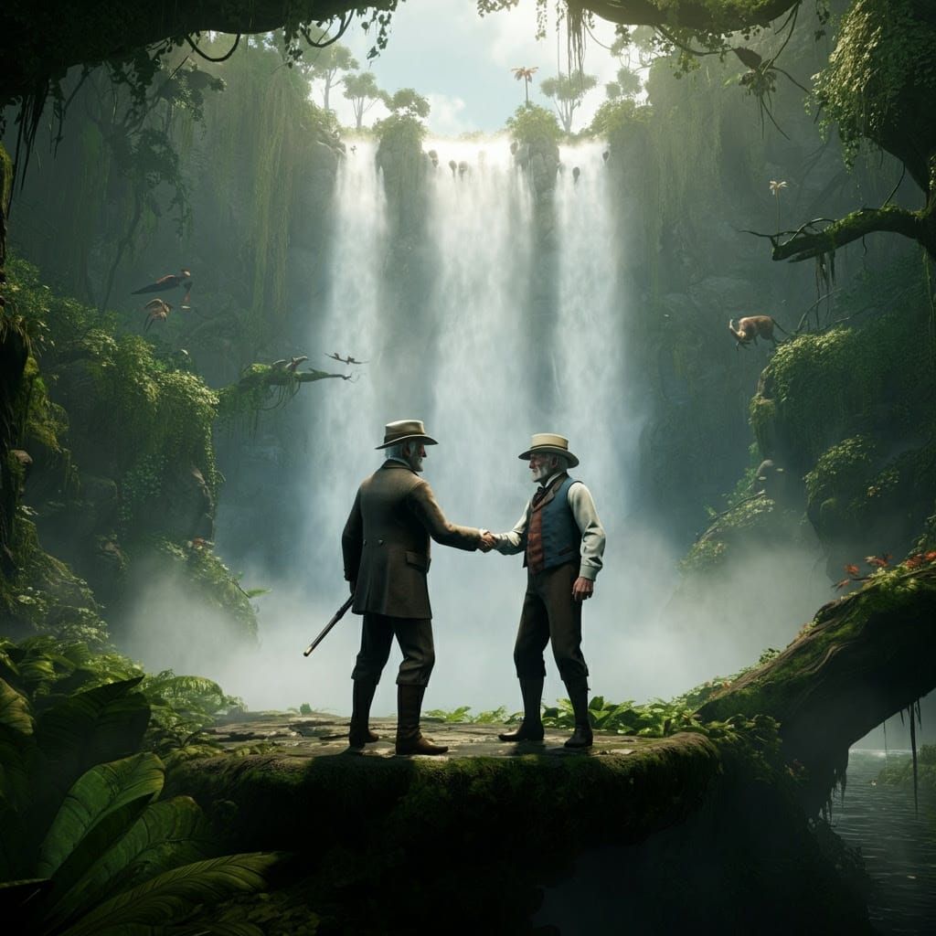 Victorian Explorers Shake Hands in Jungle, 3D Render