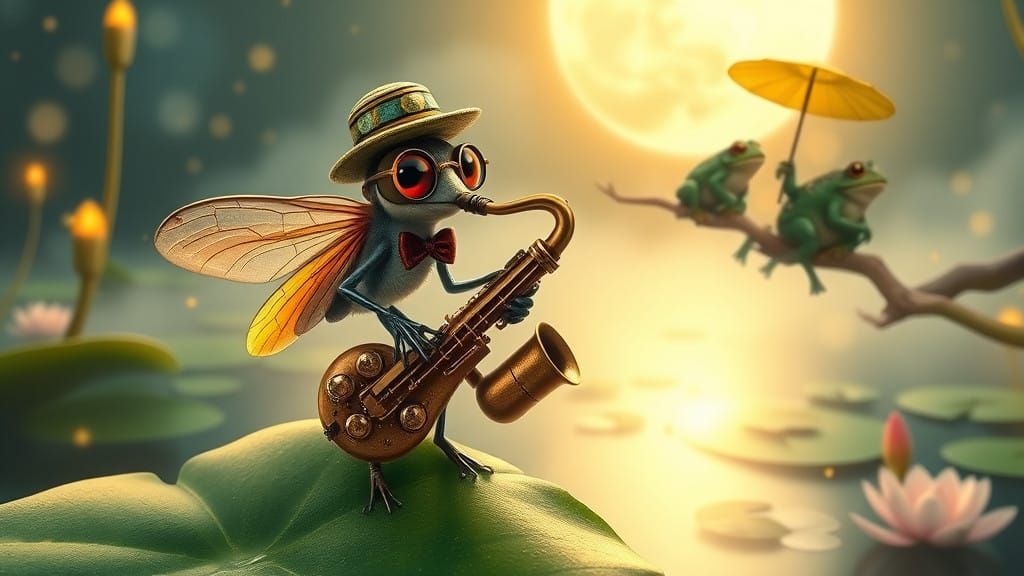 Enchanted Dragonfly Serenade in Whimsical Moonlit Swamp