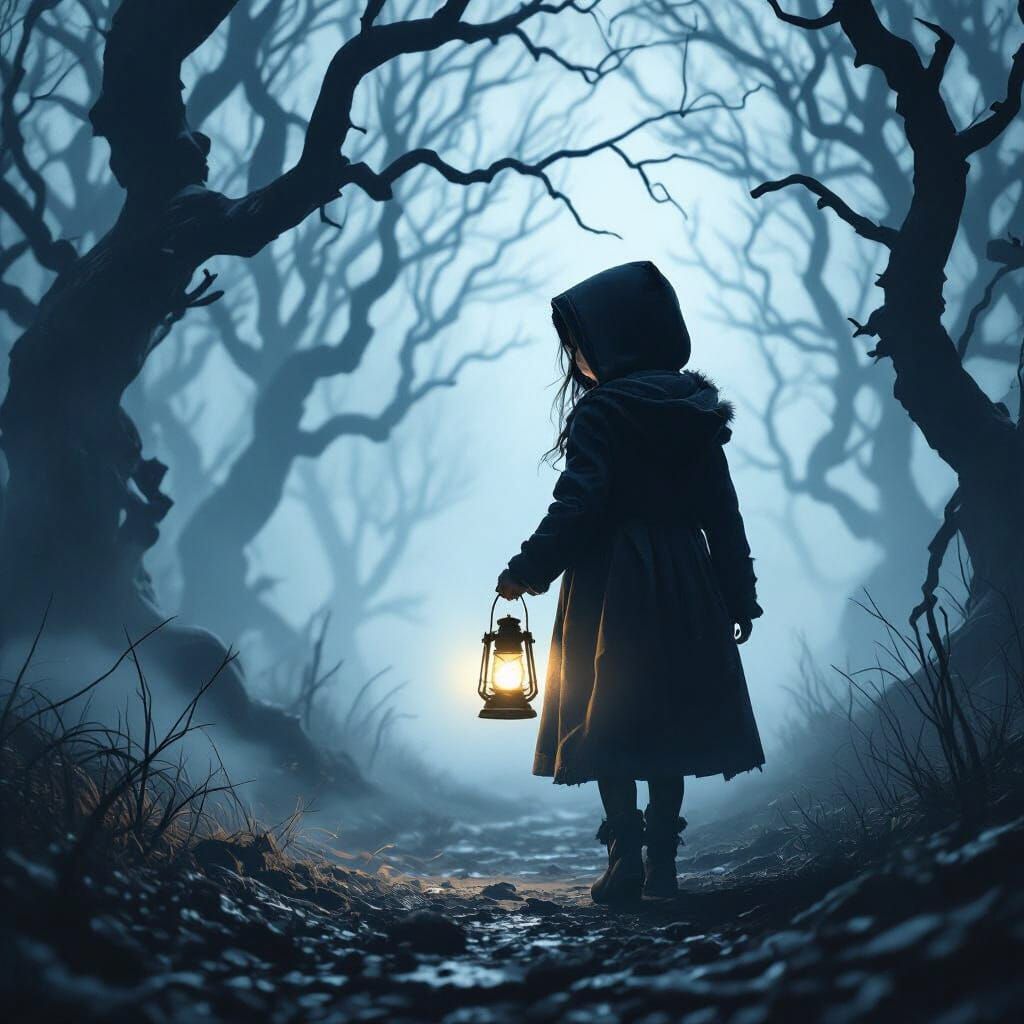 Girl with Lantern in Foggy Forest at Night