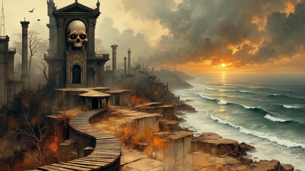 Macabre Skull in Eerie Room with Red Eyes