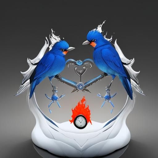 Blue Birds Kissing in Melting Clock Heart