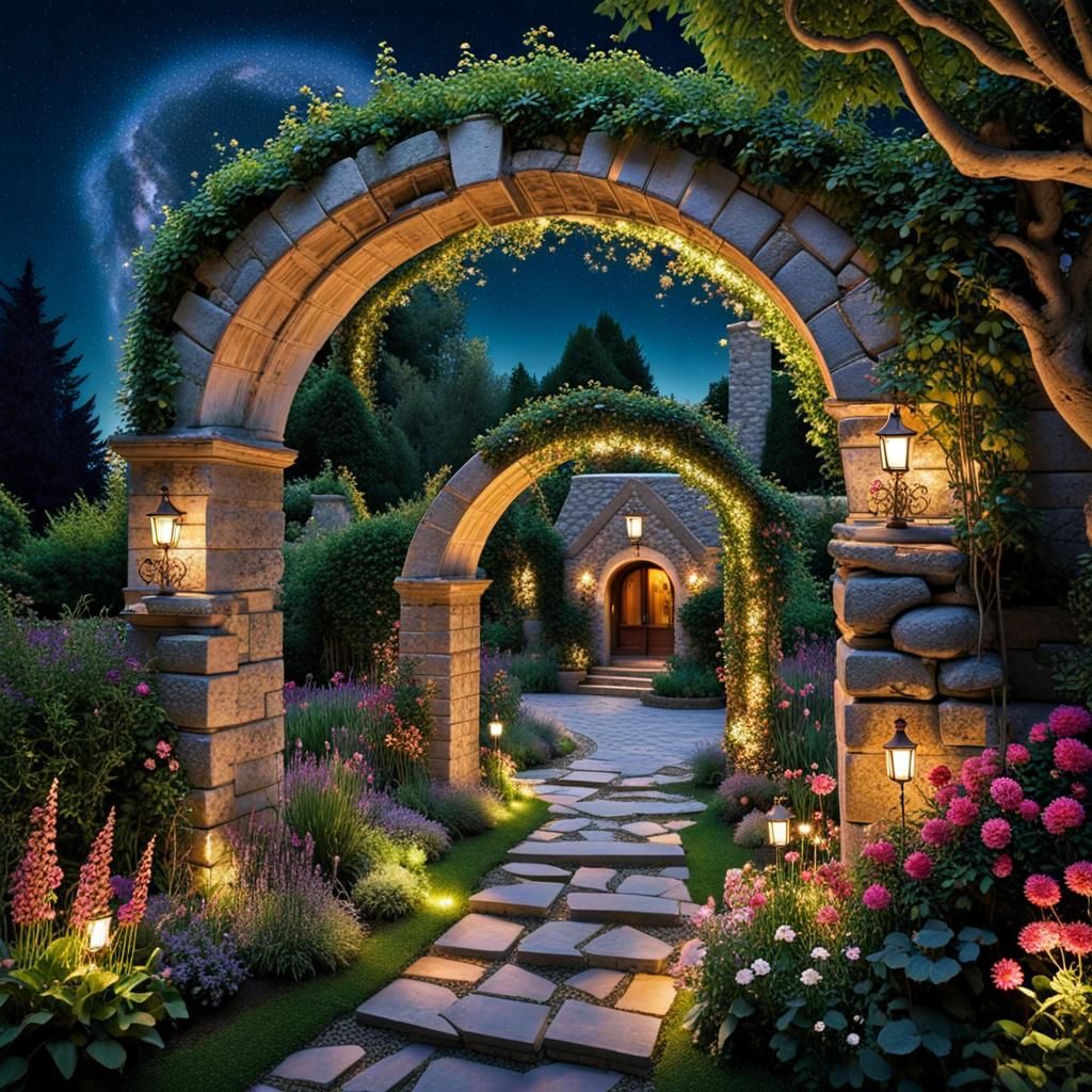 Magical Garden Portal Under Velvet Night Sky