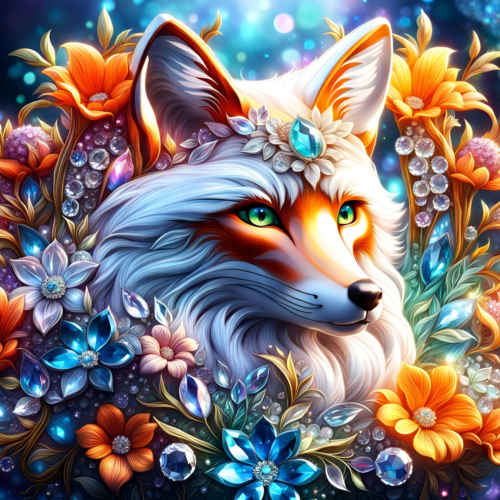 Crystal Fox with Sparkling Jewelry and Flowers