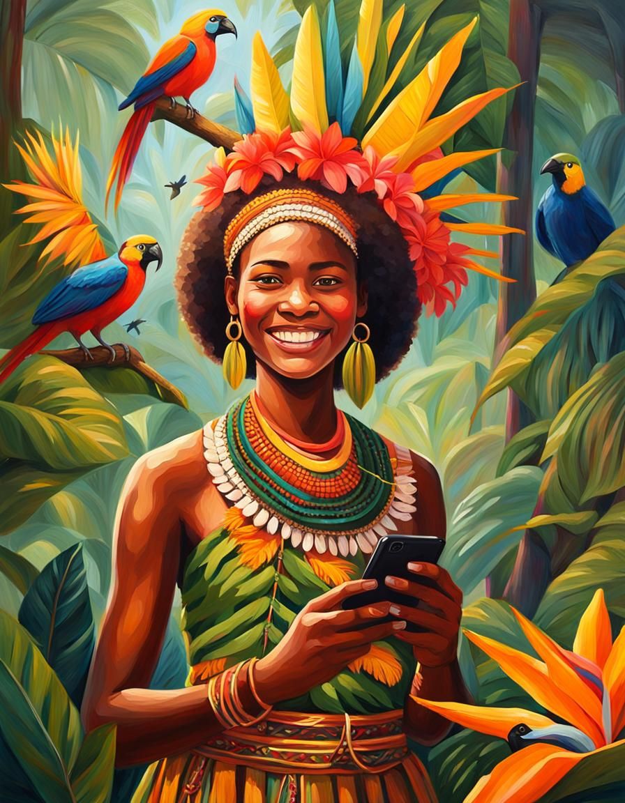 Papuan Girl in Jungle, Vibrant Oil Painting