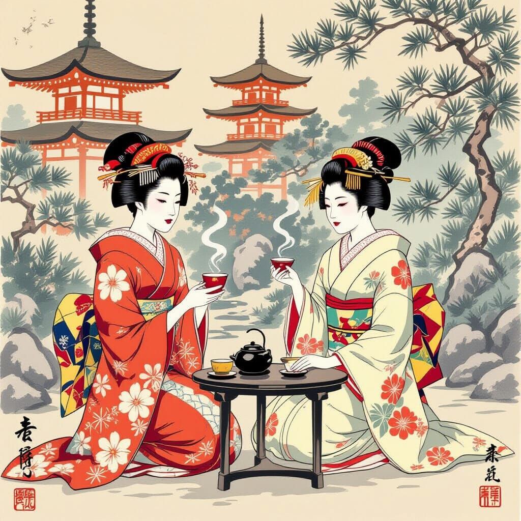 Geishas Sharing Tea in a Japanese Garden