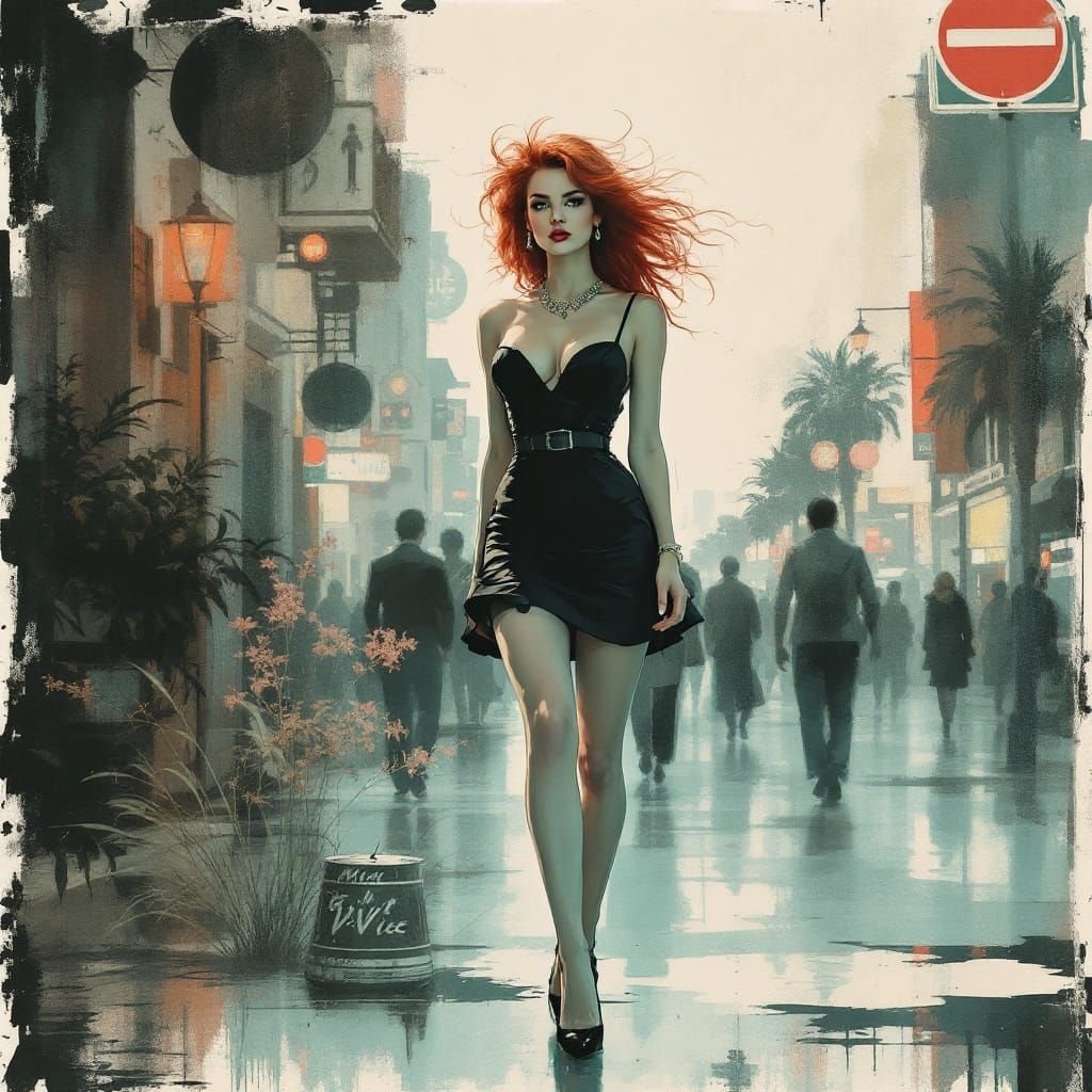 1950s Redhead in Sumi-e Ink Wash Style