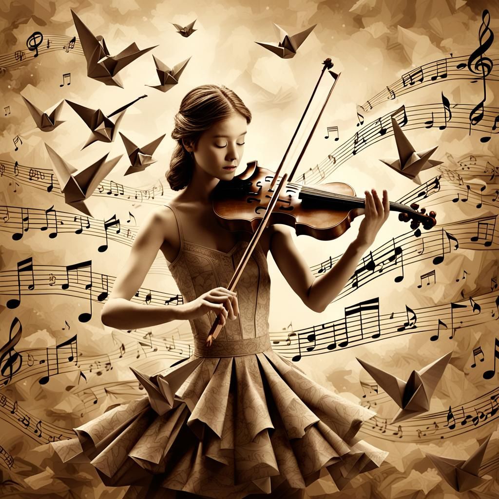 Ethereal Violinist with Origami Birds in Sepia