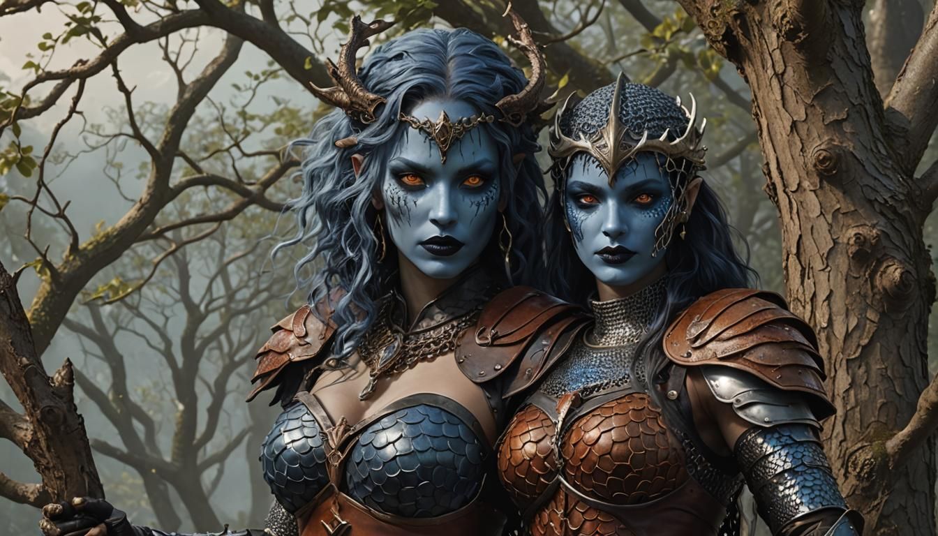 Blue Lamia Woman in Forest Dwelling, Hyperrealistic