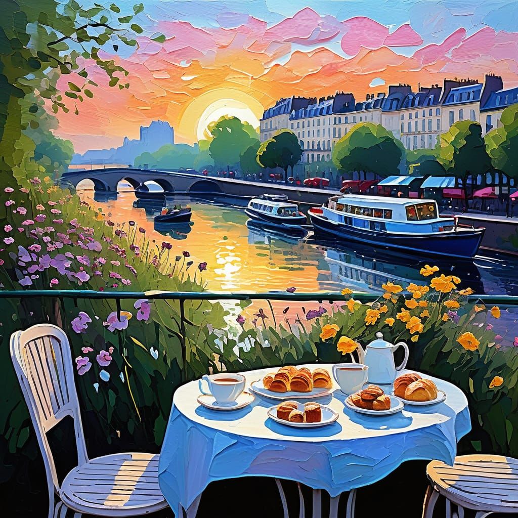 Parisian Cafe at Sunset in Neo-Impressionist Style