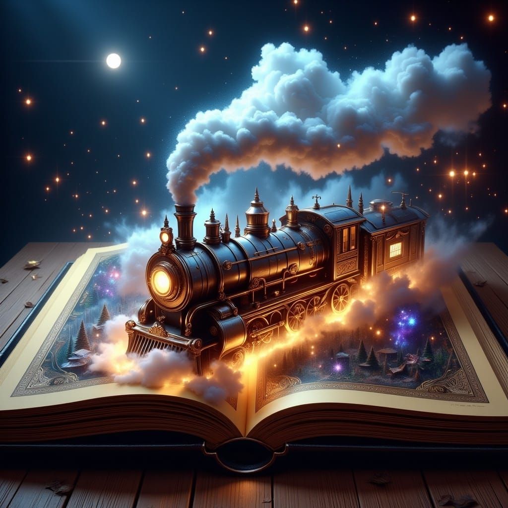 Vintage Train Emerges from Leather-Bound Book in Golden, Moo...