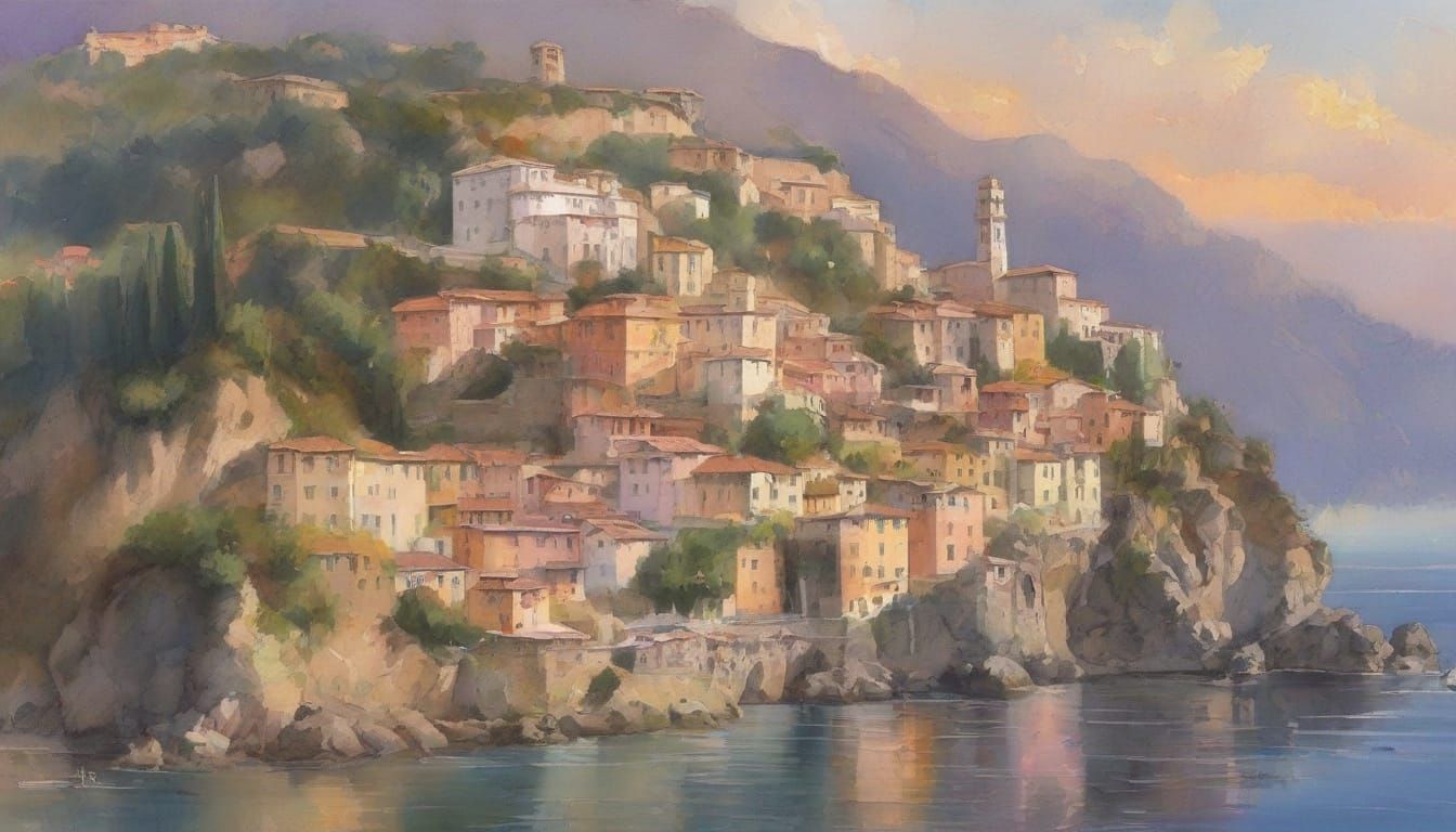 Charming Hilltop Village at Sunset in Montepertuso, Italy, i...