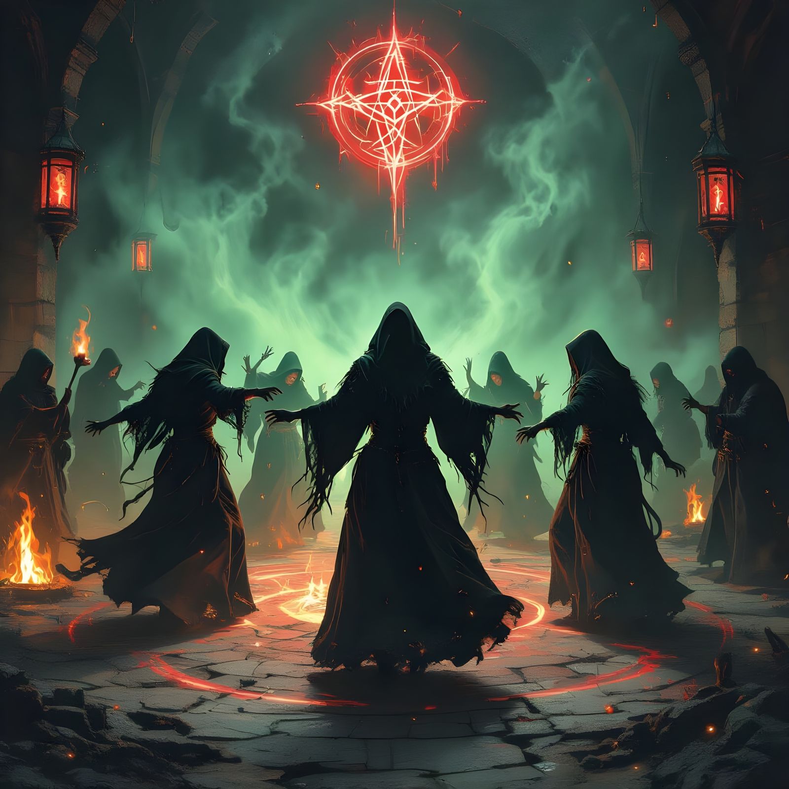 Witches' Coven Dancing in Firelight, Fantasy Art