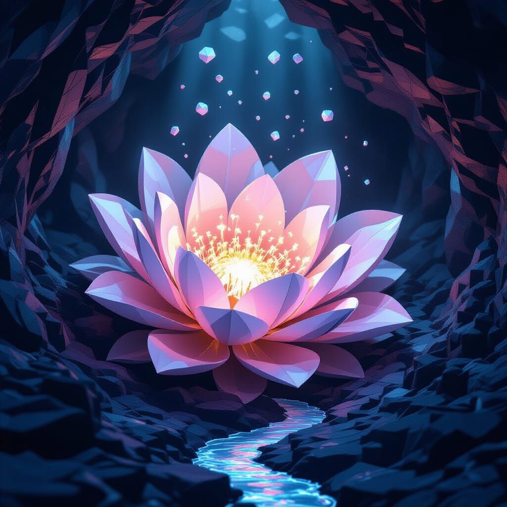 Bioluminescent Low-Poly Flower in Abandoned Mine