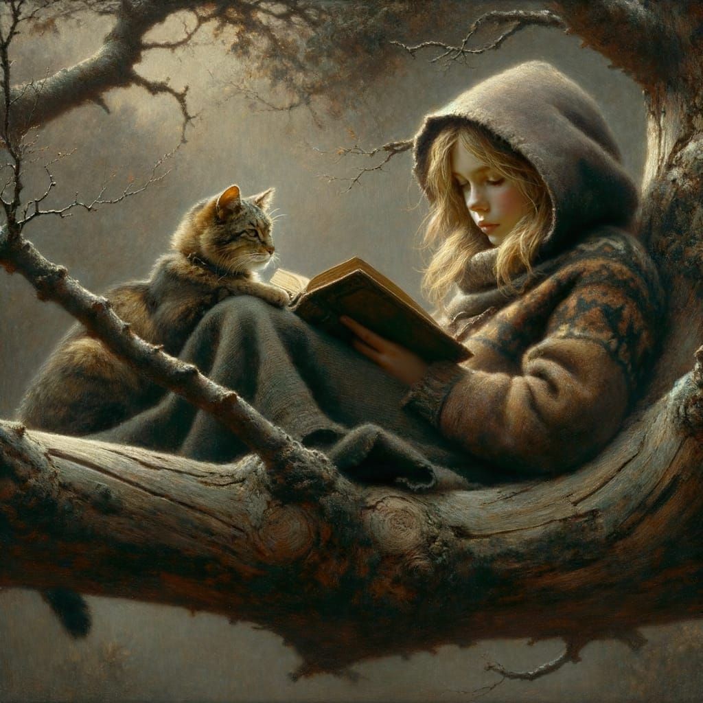 Girl Reading Book with Cat in Misty Forest